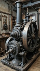 Poster - Vintage Steam Engine in Industrial Setting with Intricate Design