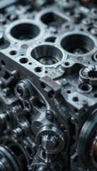 Poster - Close-Up of Engine Block Showing Precision Metal Components and Details