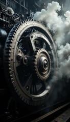Poster - Large industrial gear surrounded by steam and machinery environment