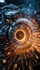 Poster - Dynamic Close-Up of Industrial Engine with Sparks and Motion Effects