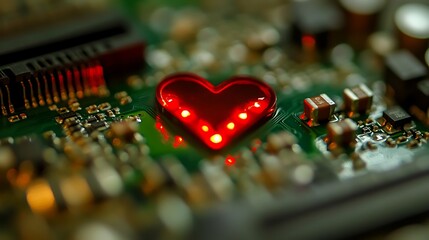 Poster - Close-up of a red heart-shaped LED on a circuit board, symbolizing technology and love in electronics
