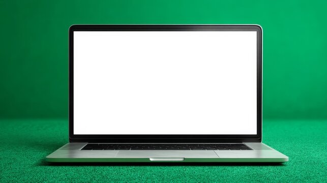 Front view of laptop with blank screen on green textured surface background.