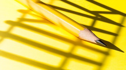 Poster - Close-up of a sharpened yellow pencil casting intricate shadows on a vibrant yellow background
