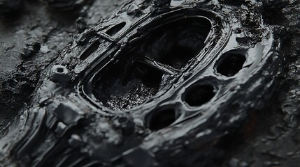 Aufkleber - Close-up of a textured, dark surface revealing intricate shapes and patterns, suggesting industrial decay