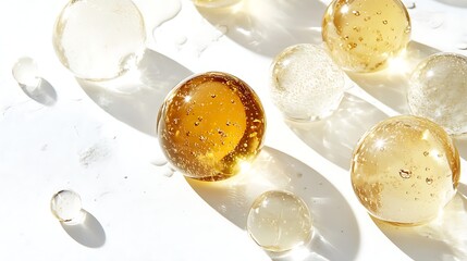 Aufkleber - Close-up of translucent gel spheres with bubbles on a white background, showcasing light reflections