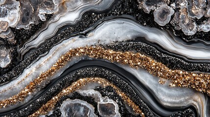 Poster - Close-up view of a beautifully layered agate stone showcasing intricate patterns and sparkling crystals