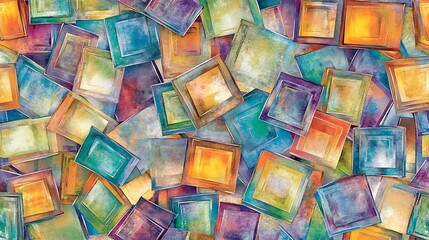 Aufkleber - Colorful abstract artwork featuring layered square shapes in vibrant hues creating a dynamic visual