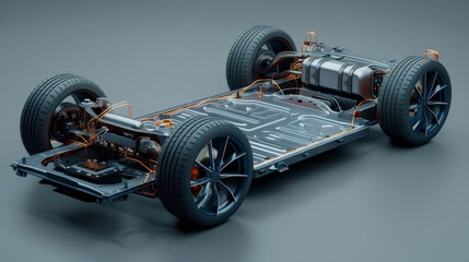 Aufkleber - 未来の電気自動車シャーシ構造のクローズアップビュー 現代的デザインとテクノロジーのコンセプト 暗い背景に金属と回路の複雑な配置