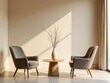 © ma8 - a cozy interior design showcasing two stylish chairs and a minimalist table, ideal for relaxation and reflection in a modern living space with natural light streaming through a window