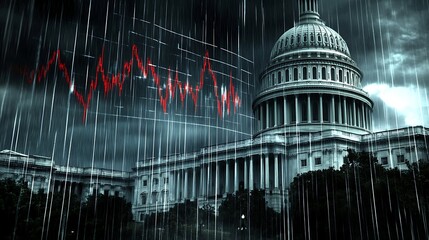 Poster - Dramatic stormy scene with the Capitol building, rain, and fluctuating stock market graph overlay