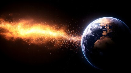 Wall Mural - The image shows a fiery trail of glowing particles streaking across space and approaching planet Earth.A medium description sentence:A blazing comet tail of incandescent debris approaches Earth, leav