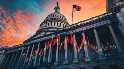 Poster - Dramatic sunset behind the Capitol building with stock market data overlay, symbolizing finance
