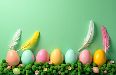 Poster - A Colorful Easter Display Features Decorative Eggs, Lush Greenery, And Soft Feathers Arranged Vertically On A Vibrant Green Background.