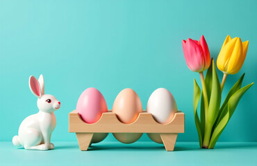 Poster - A Colorful Easter Scene Featuring A Wooden Egg Holder, Bunny Toy, And Tulips Against A Vibrant Turquoise Background Awaits Your Message Here.