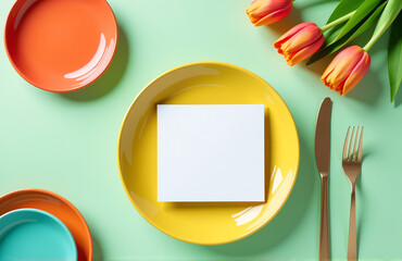 Poster - A Colorful Table Setting Features Vibrant Plates, A Blank Greeting Card, Cutlery, And Tulips Arranged Artfully On A Light Green Background.