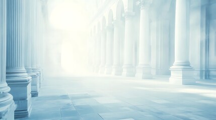 Poster - Ethereal hallway with towering columns and soft mist, creating a serene and mystical atmosphere