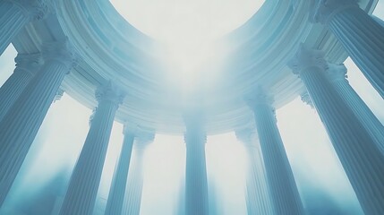 Poster - Ethereal view of classical columns beneath a luminous sky, creating a serene and majestic atmosphere