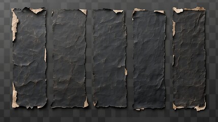 Aufkleber - Five textured, weathered black paper scrolls with torn edges against a transparent background