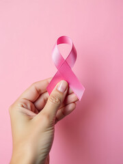 Aufkleber - A Female Hand Holds A Pink Ribbon, Symbolizing Breast Cancer Awareness, Against A Soft Pink Background And Empty Space.