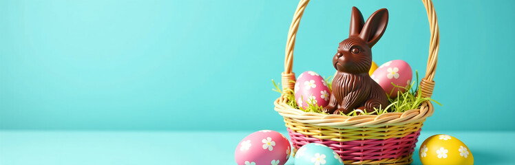 Poster - A Festive Easter Display Features A Chocolate Bunny Surrounded By Patterned Eggs In A Colorful Wicker Basket Filled With Goodies.