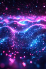 Poster - Colorful digital grid with glowing particles and abstract wave formations