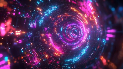 Poster - Abstract Neon Vortex with Psychedelic Digital Tunnel for cosmic space galaxy technology energy science concept.