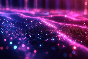 Poster - abstract digital landscape with vibrant glowing particles in purple and pink tones