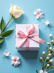 Poster - A Gift Box Sits On A Modern Blue Textured Surface Surrounded By Delicate Flowers And Tied With A Light Pink Ribbon.