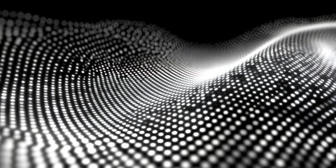 Poster - Abstract dynamic wave with glowing dots on black backdrop with depth