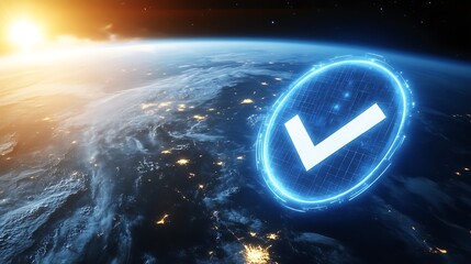 Aufkleber - Futuristic holographic check mark over Earth at sunrise, symbolizing approval and progress