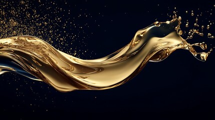 Aufkleber - Golden liquid flowing gracefully against a dark background, creating splashes and shimmering droplets