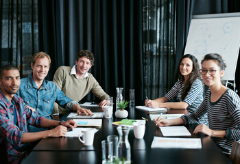 Poster - Portrait, group and business people in meeting for coworking, about us or collaboration in startup office. Happy face, diverse team or creative staff with manager, writer or workers together at table