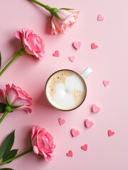 Aufkleber - A Pastel Rose Surface Features A Delicate Arrangement Of Fresh Latte, Pink Carnations, Small Hearts, And Confetti Amidst Empty Spaces.