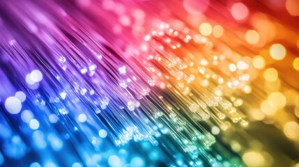 A colorful abstract image of fiber optic strands with bokeh effects.