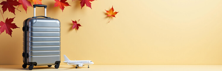 Wall Mural - A Serene Scene Of A Gray Suitcase Amidst Maple Leaves And A Plane Model On A Peaceful Beige Background Conveys Autumnal Travel Dreams Perfectly.