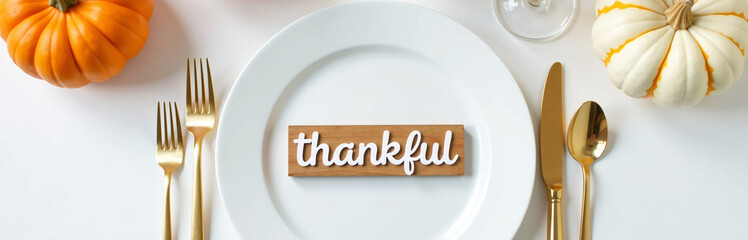 Aufkleber - A Simple Thanksgiving Table Setting Features Mini Pumpkins, Cutlery, And A Thankful Sign That Symbolizes Gratitude In Its Design.