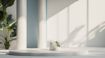 Poster - Minimalist interior design featuring white columns and natural light with greenery accents