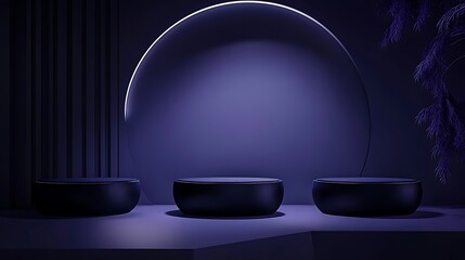 Poster - Minimalistic scene featuring three dark bowls against a purple backdrop with soft lighting