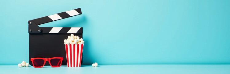 Poster - A Table Scene With A Clapperboard, Striped Popcorn Box, And 3d Glasses Is Set Against A Light Blue Background Waiting For Text Or Adverts.