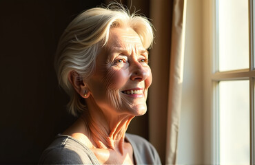 Aufkleber - An Elegant Older Woman With A Warm Expression Is Illuminated By Soft, Natural Light In The Generated Image.