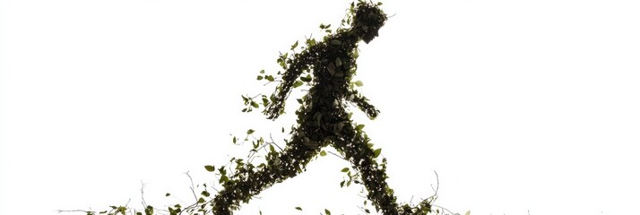 Poster - Silhouette of a person walking made from leaves and twigs against a white background representing natures harmony