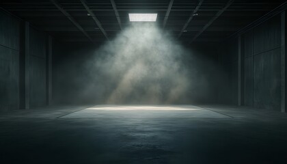 Aufkleber - Moody Industrial Hall with Concrete Walls, Atmospheric Fog, and Skylight Illumination in an Abstract Style