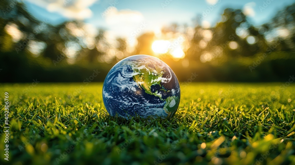 Surreal Earth globe embedded in green grass under a blue sky with sun ...