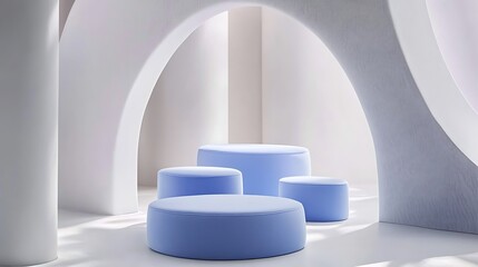 Poster - Modern minimalist interior featuring soft blue seating arrangements under natural light
