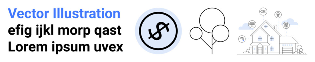Poster - dollar sign in circular shape, trees, and house with location pins and abstract icons. ideal for fin