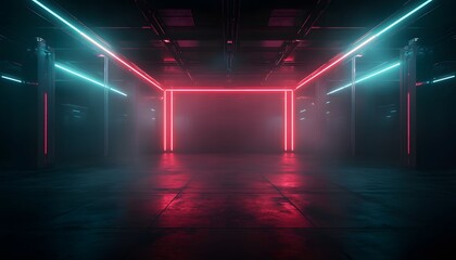Aufkleber - Abstract Cyberpunk Neon Lit Tunnel: Sci-Fi Space Architecture with Red and Cyan Glow