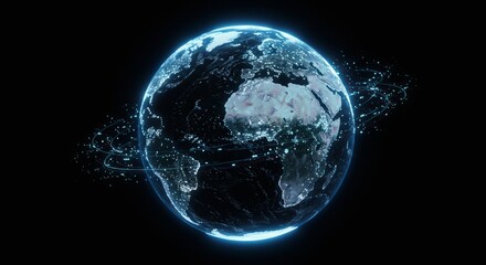 Poster - Digital earth with global technology network and glowing city lights, representing worldwide communication and connectivity in a modern, futuristic style