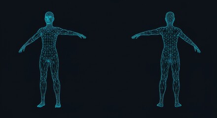 Poster - Digital Human Body Scan Wireframe Model Front and Back View for Medical Technology and Futuristic Interface Applications
