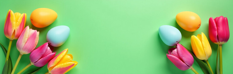 Poster - Colorful Easter Eggs And Tulips Arranged On A Green Background Create A Vibrant Scene Perfect For Holiday Celebrations.