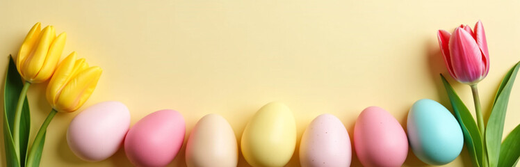 Aufkleber - Colorful Easter Eggs Surround Yellow And Pink Tulips On A Soft Pastel Beige Background, Providing A Clean And Minimalist Design Element.